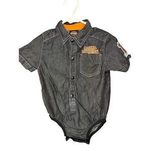 Harley Davidson Baby 18M Gray Denim Button‎ Bodysuit Short Sleeve Patches